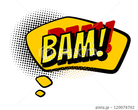 Comics book speech bubble. Colored hand drawn retro cartoon sticker. Comic text sound effects in pop art style. Funny design vector symbol 120078702