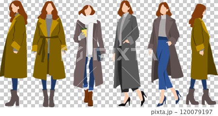 Illustration set of a woman wearing a coat Illustration set of a woman wearing a coat 120079197