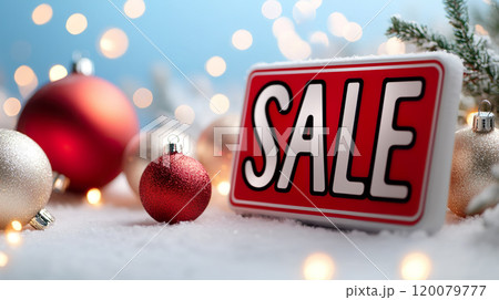 Festive holiday sale sign surrounded by red and gold ornaments on snow 120079777