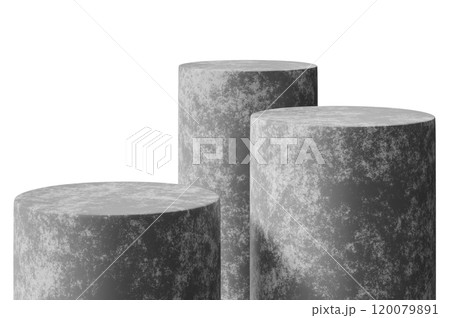 Group of three concrete podiums isolated on white background. Front view. Mock up for product display. Cut out pedestal or platform. Empty scene. Stage, showcase for advertising, merchandise. 3D. Group of three concrete podiums isolated on white background. Front view. Mock up for product display. Cut out pedestal or platform. Empty scene. Stage, showcase for advertising, merchandise. 3D. 120079891