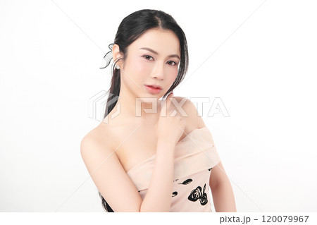 Beautiful young asian woman with clean fresh skin on white background, Face care, Facial treatment, Cosmetology, beauty and spa, Asian women portrait. Beautiful young asian woman with clean fresh skin on white background, Face care, Facial treatment, Cosmetology, beauty and spa, Asian women portrait. 120079967