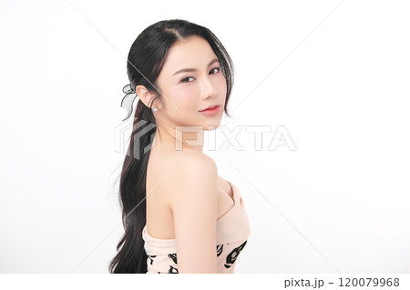 Beautiful young asian woman with clean fresh skin on white background, Face care, Facial treatment, Cosmetology, beauty and spa, Asian women portrait. Beautiful young asian woman with clean fresh skin on white background, Face care, Facial treatment, Cosmetology, beauty and spa, Asian women portrait. 120079968