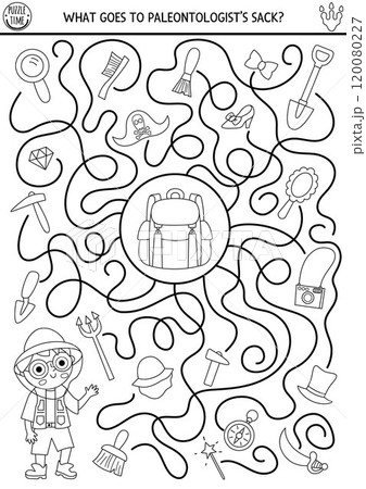 Dinosaur black and white maze for kids with cute paleontologists and his sack. Prehistoric preschool printable line activity with archeologist boy, tools. Dino labyrinth game, coloring page Dinosaur black and white maze for kids with cute paleontologists and his sack. Prehistoric preschool printable line activity with archeologist boy, tools. Dino labyrinth game, coloring page 120080227