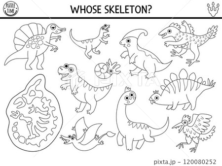 Dinosaur black and white matching activity with cute animals and triceratops skeleton. Prehistoric line puzzle with T-rex. Match and circle the bones game. Dino printable worksheet, coloring page 120080252