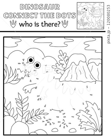 Vector black and white dot-to-dot and color activity with tyrannosaur, prehistoric scene. Dinosaur connect the dots game, coloring page. What is missing printable worksheet with T-rex 120080253