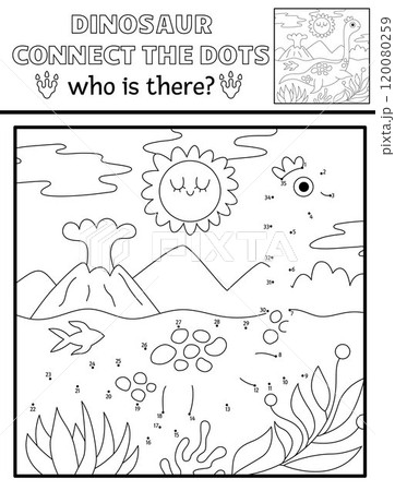 Vector black and white dot-to-dot and color activity with plesiosaur, line prehistoric scene. Dinosaur connect the dots game, coloring page for children. What is missing printable worksheet Vector black and white dot-to-dot and color activity with plesiosaur, line prehistoric scene. Dinosaur connect the dots game, coloring page for children. What is missing printable worksheet 120080259
