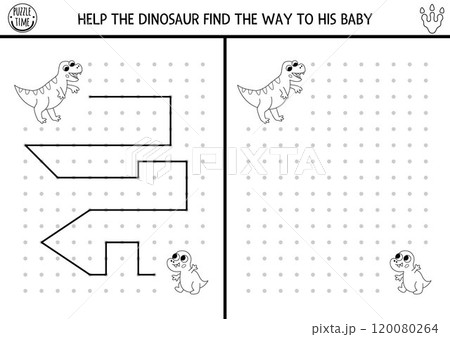 Dinosaur black and white drawing, writing, tracing, space orientation activity for kids. Draw lines according example. Preschool prehistoric printable game, puzzle with T-rex parent and baby 120080264