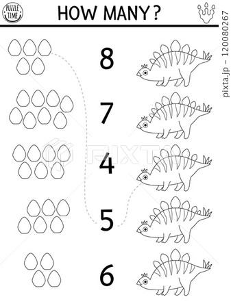 Black and white match the numbers dinosaur game with stegosaur and bony plates. Prehistoric line math activity, coloring page for kids. Dino educational counting worksheet with ancient animal 120080267