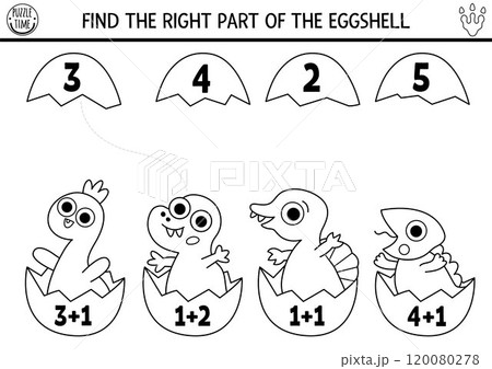 Black and white counting and matching game with baby dinosaurs in eggs and shells. Dino math addition activity for preschool kids. Prehistoric line printable counting worksheet with T-rex, Black and white counting and matching game with baby dinosaurs in eggs and shells. Dino math addition activity for preschool kids. Prehistoric line printable counting worksheet with T-rex, 120080278