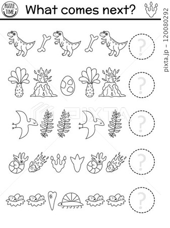 What comes next. Dinosaur black and white logical activity for children with T-rex, egg, volcano, pterosaur, meteorite. Prehistoric line logic succession worksheet. Dino continue the row game What comes next. Dinosaur black and white logical activity for children with T-rex, egg, volcano, pterosaur, meteorite. Prehistoric line logic succession worksheet. Dino continue the row game 120080292