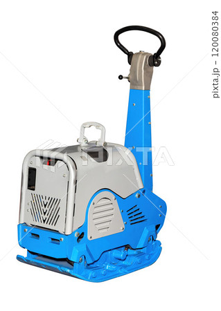 Compact vibratory plate paving machine ready for construction work on urban pathways and driveways, isolated on white background. 120080384