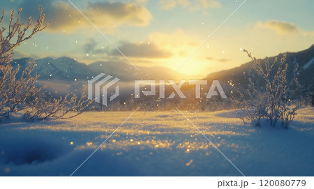 冬の朝の雪景色、朝日が輝く山々と凍った草 120080779