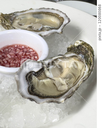 delicious raw oysters on ice with sauce delicious raw oysters on ice with sauce 120080868
