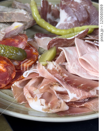 prosciutto and sliced ham, antipasto bistro plate prosciutto and sliced ham, antipasto bistro plate 120080869