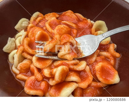 cooked orecchiette pasta with delicious tomato sauce cooked orecchiette pasta with delicious tomato sauce 120080886