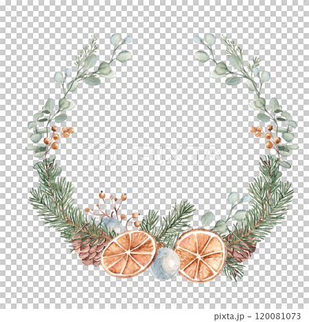 Christmas Wreath with Winter plants and blue Glass ball. Hand drawn Botanical Illustration of Fir Branches, Eucalyptus, Pine Cones and dried Orange slices isolated on white background. For Cards Christmas Wreath with Winter plants and blue Glass ball. Hand drawn Botanical Illustration of Fir Branches, Eucalyptus, Pine Cones and dried Orange slices isolated on white background. For Cards 120081073