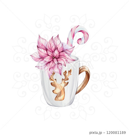 Watercolor Christmas white mug with gold reindeer with openwork snowflake, isolated. Candy cane, poinsettia flowers. Template, elements for new year greeting cards, invitation, poster, celebration Watercolor Christmas white mug with gold reindeer with openwork snowflake, isolated. Candy cane, poinsettia flowers. Template, elements for new year greeting cards, invitation, poster, celebration 120081189