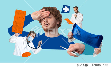 Sick man feeling bad, suffering from cold and flu, surrounded by doctors offering medical aid and doing check ups. Contemporary art collage. Sick man feeling bad, suffering from cold and flu, surrounded by doctors offering medical aid and doing check ups. Contemporary art collage. 120081446