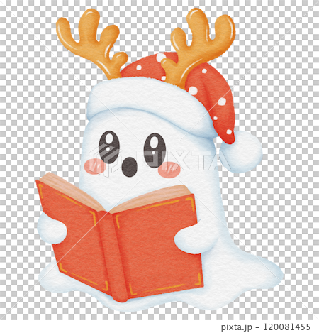 Adorable Christmas ghost reading a book, an enchanting seasonal artwork perfect for cozy winter storytelling 120081455