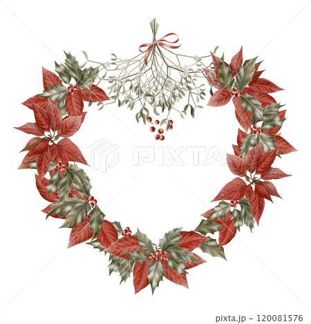 Vintage Christmas wreath heart-shaped of holly,poinsettia and mistletoe as a symbol of holiday,miracle and faith.Watercolor illustration isolated on white background for cards, kitchen textiles 120081576