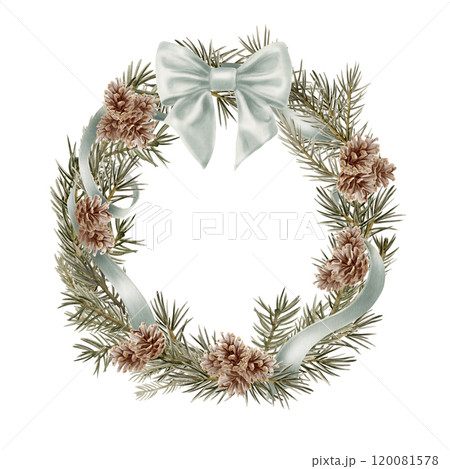 Vintage wreath from green spruce branches,spruce cones with a blue silk ribbon and bow in realistic style as a symbol of Christmas,new year,holidays.For decorating your cards,envelopes on white Vintage wreath from green spruce branches,spruce cones with a blue silk ribbon and bow in realistic style as a symbol of Christmas,new year,holidays.For decorating your cards,envelopes on white 120081578