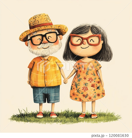 Grandfather and granddaughter enjoying a sunny day together in a colorful garden setting 120081630