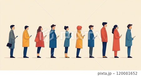 People standing in line, engaged with their smartphones in a brightly colored urban setting 120081652