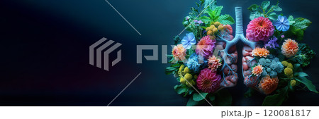 Lungs transformed into vibrant vegetation with blooming flowers symbolizing health and vitality Lungs transformed into vibrant vegetation with blooming flowers symbolizing health and vitality 120081817