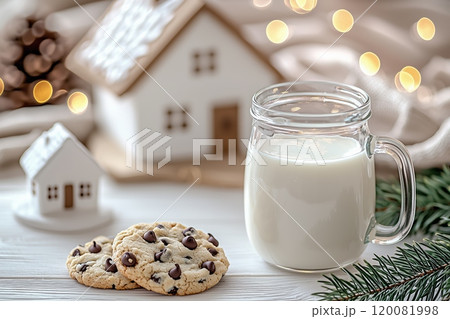 Festive cookies and milk beside charming white houses with holiday lights in a cozy setting 120081998