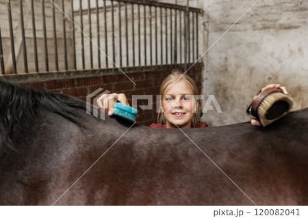 Young little teenager kid girl cleaning grooming chestnut horse back hair brush tool horse at stable ranch. Horse ride school farm life. Cute little blond girl kid care brown horse. Equine hobby work Young little teenager kid girl cleaning grooming chestnut horse back hair brush tool horse at stable ranch. Horse ride school farm life. Cute little blond girl kid care brown horse. Equine hobby work 120082041