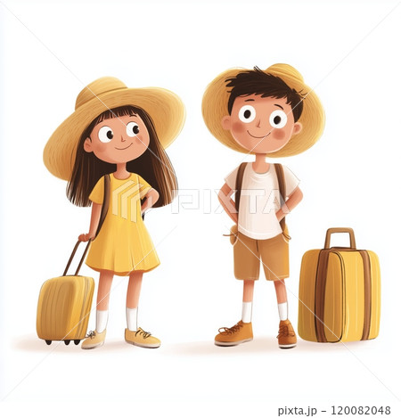 Two children in summer outfits prepare for a fun trip with luggage and sun hats 120082048