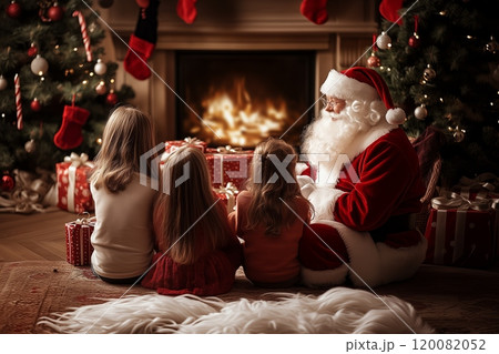 Children eagerly listen to Santa Claus during a cozy Christmas gathering near the fireplace 120082052