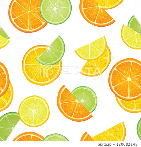 Fresh fruits summer seamles pattern. Fresh orange, lime sliced pieces. Vector colorful drawing wavy background with fruits. Fresh fruits summer seamles pattern. Fresh orange, lime sliced pieces. Vector colorful drawing wavy background with fruits. 120082145