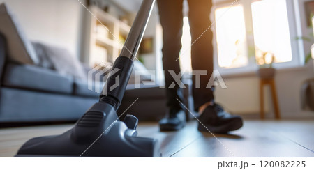 Person Vacuuming Modern Living Room with Sunlight Streaming Through Windows. Ai generative 120082225