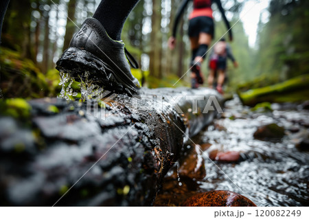 Adventurous Hikers Crossing Wet Log in Forest Trail. Ai generative 120082249