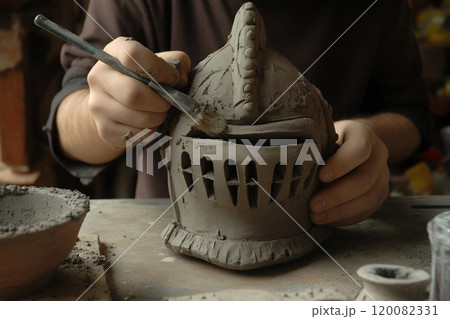 Artisan Crafting Clay Knight Helmet with Detailing Brush in Workshop. Ai generative 120082331