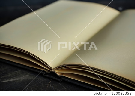 Vintage Open Book with Blank Pages on Dark Wooden Surface. Ai generative Vintage Open Book with Blank Pages on Dark Wooden Surface. Ai generative 120082358