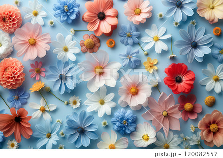 Colorful Assorted Flowers Display on Light Blue Background. Ai generative Colorful Assorted Flowers Display on Light Blue Background. Ai generative 120082557