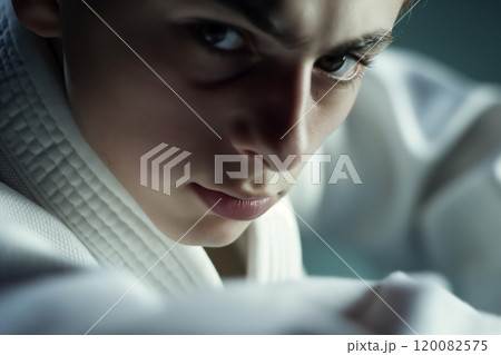 Intense Martial Artist CloseUp in White Gi Uniform. Ai generative 120082575