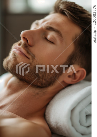 Relaxed Young Man with Beard Enjoying Spa Treatment and Resting on Cushioned Chair. Ai generative 120082576