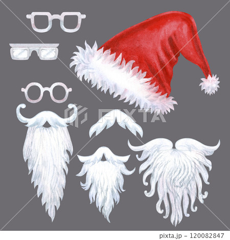 Red hats with fur, white mustache, beard, glasses of Santa Claus isolated on a gray background. Set of watercolor illustration for Christmas template for greeting cards, borders, banners, scrapbook 120082847