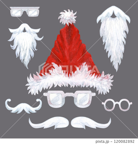 Red hats with fur, white mustache, beard, glasses of Santa Claus isolated on a gray background. Set of watercolor illustration for Christmas template for greeting cards, borders, banners, scrapbook Red hats with fur, white mustache, beard, glasses of Santa Claus isolated on a gray background. Set of watercolor illustration for Christmas template for greeting cards, borders, banners, scrapbook 120082892