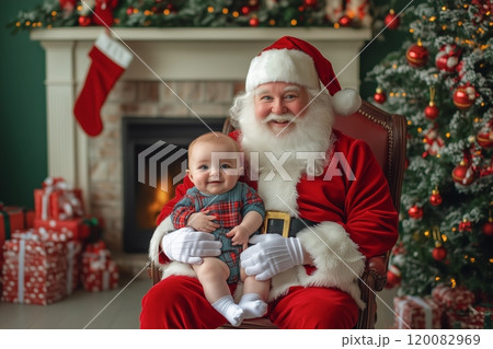 Cheerful baby sitting on Santa's lap in a festive living room during the holiday season 120082969