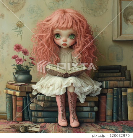 A young girl with pink curls sits among bookshelves while reading a story in a cozy room A young girl with pink curls sits among bookshelves while reading a story in a cozy room 120082970