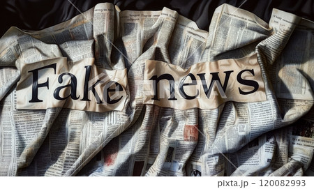 Newspaper pages are crumpled with bold letters spelling "fake news" across. Concept is media manipulation and misinformation. For discussions on news credibility. 120082993