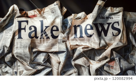 Newspapers are crumpled with bold text stating "Fake News". Concept concerns misinformation and media. For discussion about media integrity. 120082994