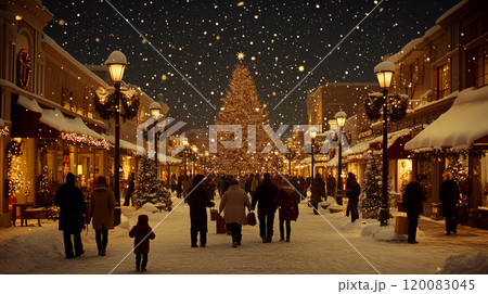 People walk along a snowy street lined with shops and a large lit tree. Concept of festive winter celebration. For holiday-themed promotions. 120083045