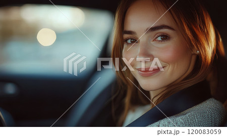 Woman sitting in a car, smiling warmly. Concept of joy and casual travel. For lifestyle blogs or advertising friendly services. 120083059