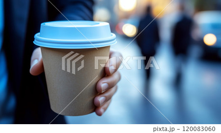 A hand holds a coffee cup with a white lid on a busy street. Concept is urban and on-the-go lifestyle. For coffee-related promotions 120083060