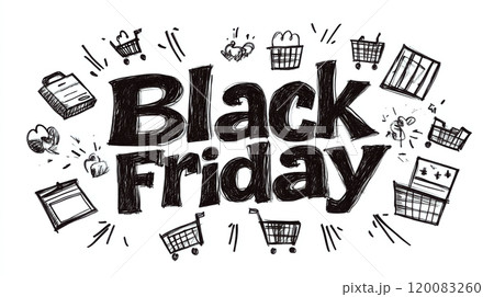 Black text reading "Black Friday" surrounded by shopping-related sketches on a white background. Concept: sale and shopping excitement. For advertising sales events. 120083260